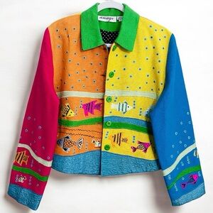 Anage Vintage Colorful Statement Color Block Fish Embroidered Blazer Size Medium